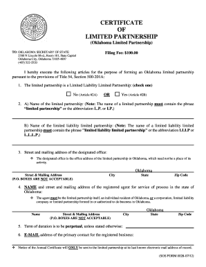 Oklahoma Limited Partnership Certificate