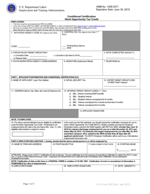 ETA Form 9062 Conditional Certification Work Opportunity Tax Credit