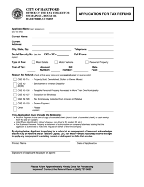 City of Hartford Tax Refund Application