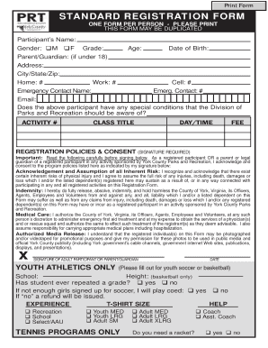 York County Parks and Recreation Registration Form
