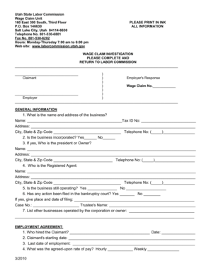 Utah Wage Claim Investigation Form