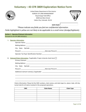 43 CFR 3809 Exploration Notice Form