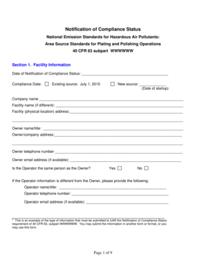 Notification of Compliance Status for Plating and Polishing Operations