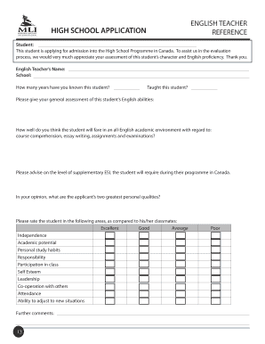 High School Application Reference