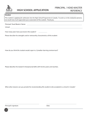 High School Application Reference