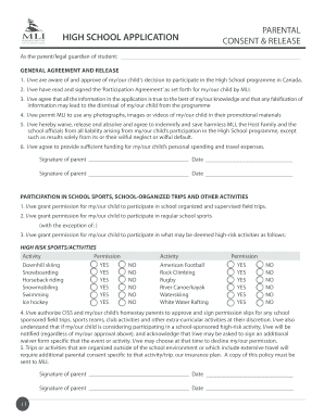 Parental High School Application Consent and Release