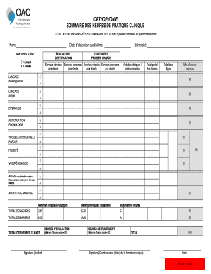 Sommaire des heures de pratique clinique