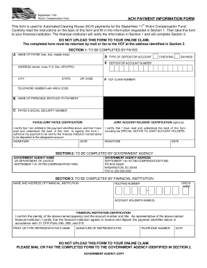 ACH Payment Information Form for September 11th Victim Compensation Fund