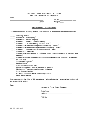 Bankruptcy Amendment Cover Sheet