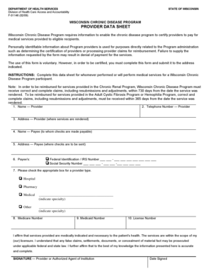 Wisconsin Chronic Disease Program Provider Data Sheet