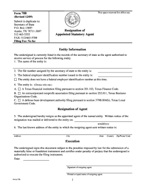 Texas Statutory Agent Resignation Form 708