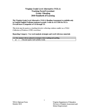 Virginia Grade Level Alternative Reading Assessment Tracking Form