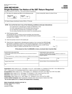 Michigan Single Business Tax Notice of No SBT Return Required
