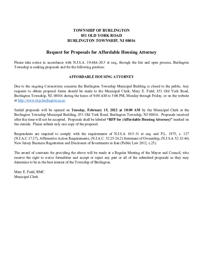 Fillable Online Request for Proposals for Affordable Housing Attorney