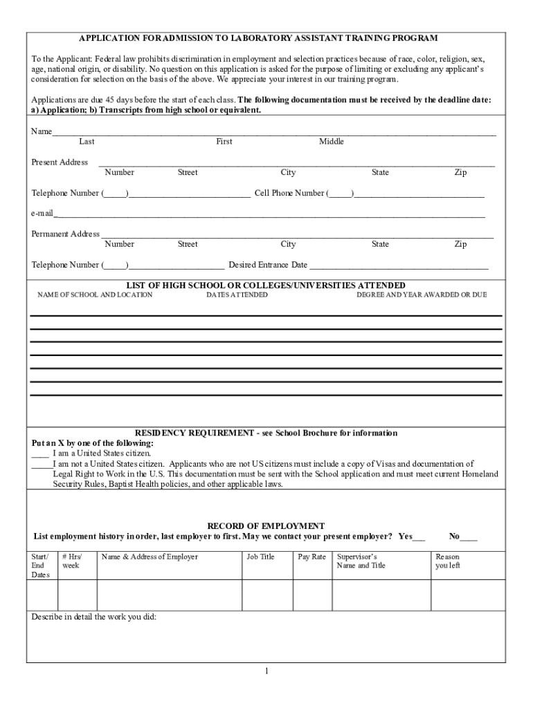 Fillable Online Application for Laboratory Assistant Training Program.doc Fax Email Print
