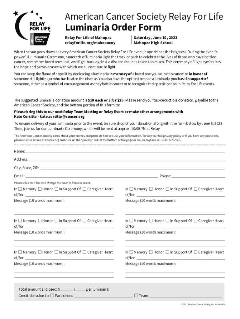 Fillable Online Relay for Life Luminaria Form Fill Out and Sign