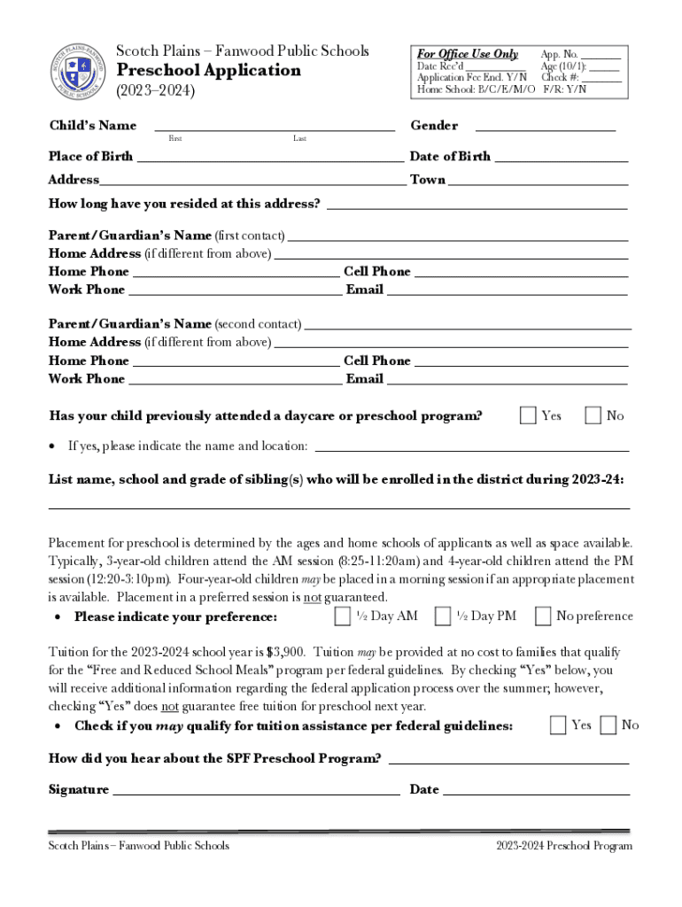 Fillable Online Scotch PlainsFanwood School District Preschool Fax