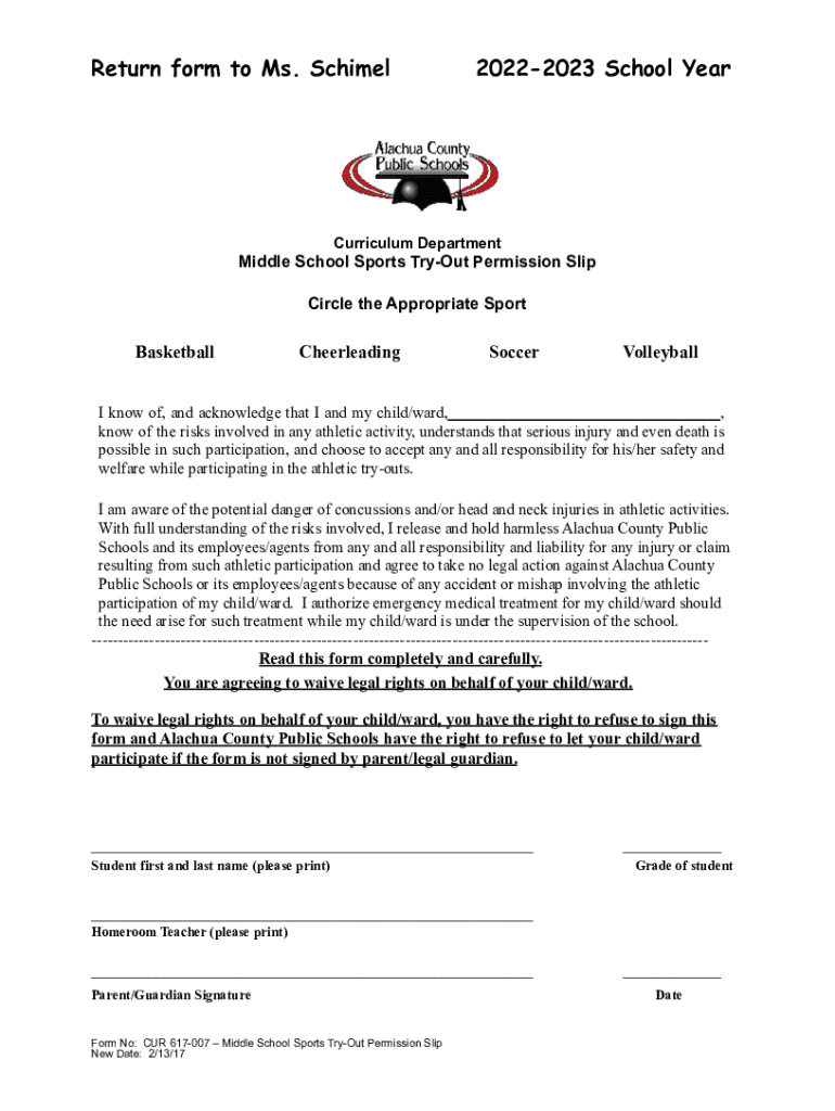 Fillable Online Middle School Sports TryOut Permission Slip Fax Email
