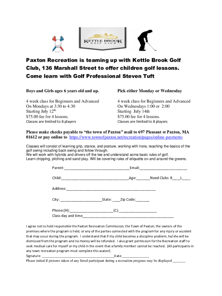 Fillable Online Paxton Recreation is teaming up with Kettle Brook Golf