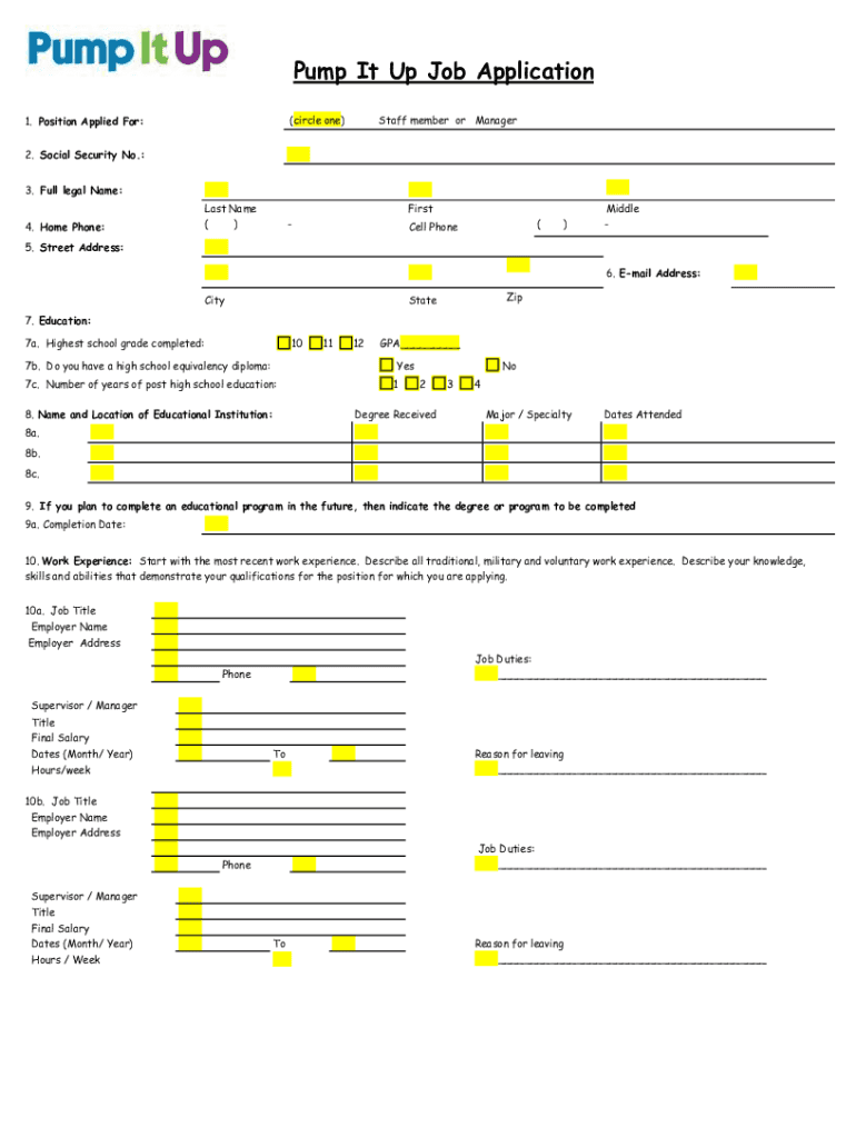 Fillable Online Pump It Up Job Form. Job Application Fax Email Print