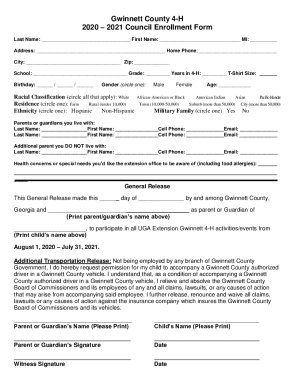 Fillable Online Gwinnett County 4-H 20202021 Council Enrollment Form ...