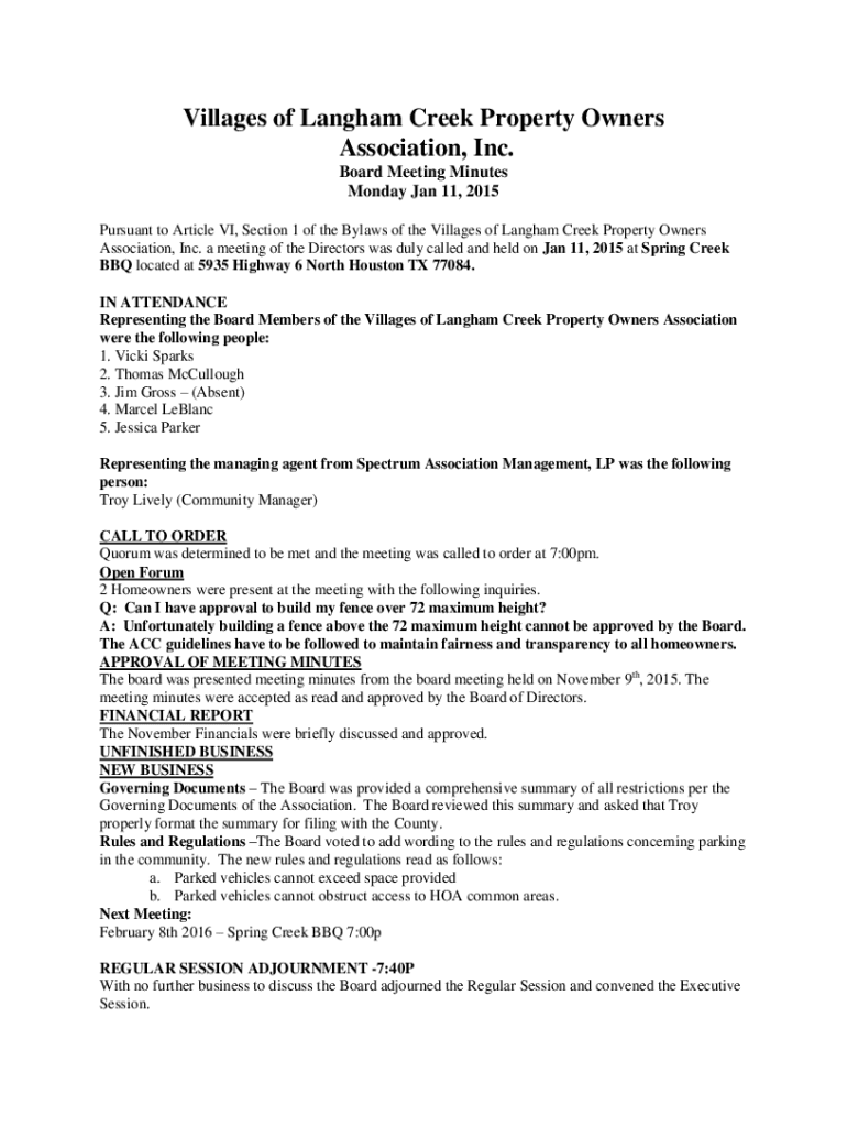 Fillable Online Villages of Langham Creek Property Owners Association