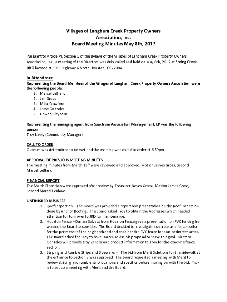 Fillable Online Villages of Langham Creek Property Owners Association