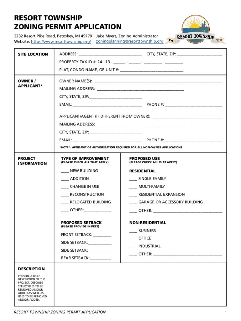 Fillable Online RESORT TOWNSHIP ZONING PERMIT APPLICATION Fax Email
