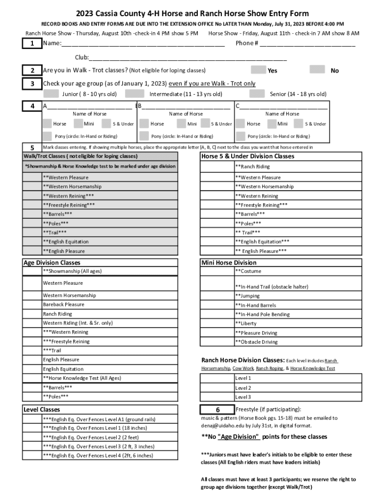 Fillable Online 2023 Cassia County 4H Horse and Ranch Horse Show Entry
