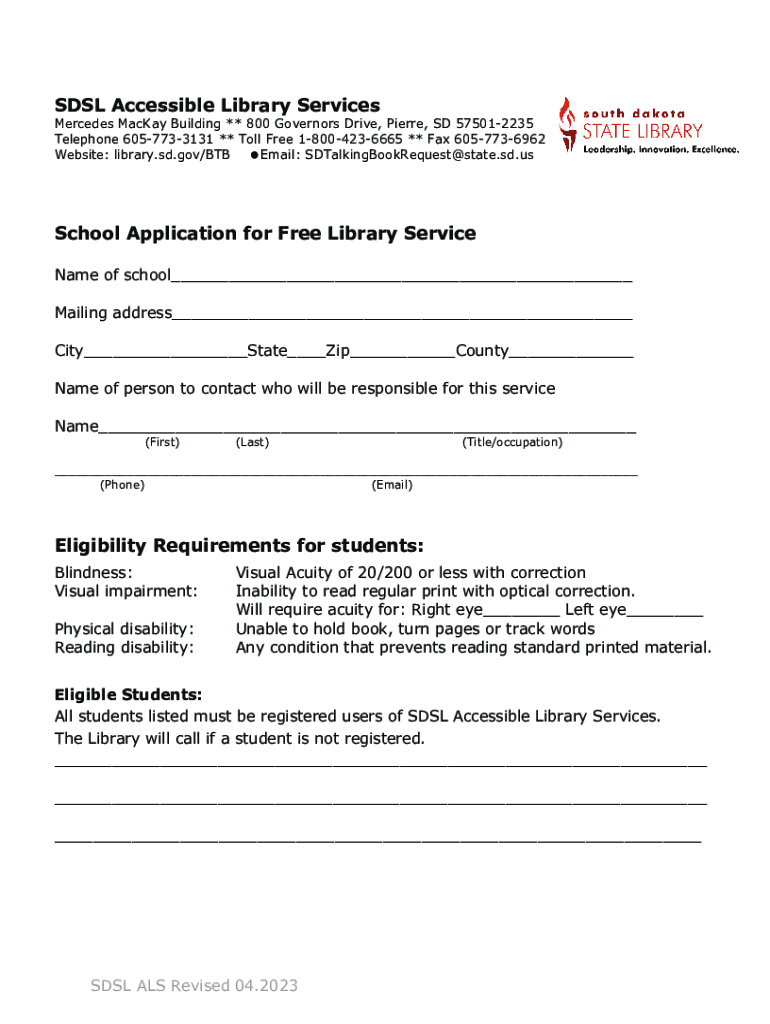 Fillable Online library sd School institution application the South