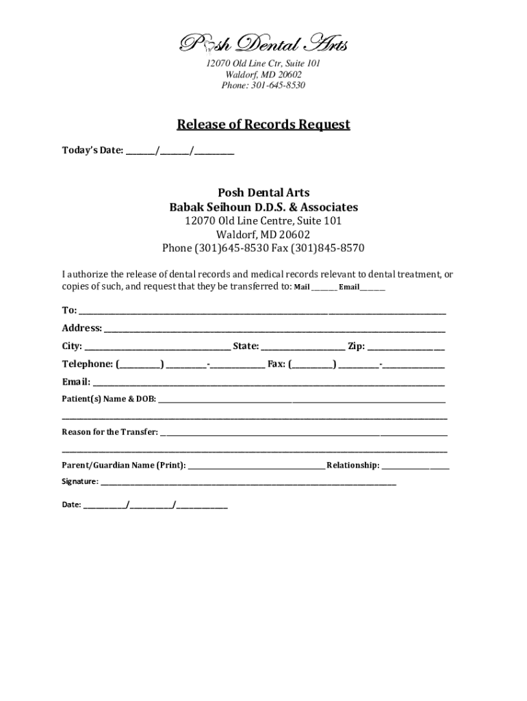 Fillable Online Posh Dental Arts, 12070 Old Line Ctr, Waldorf, MD