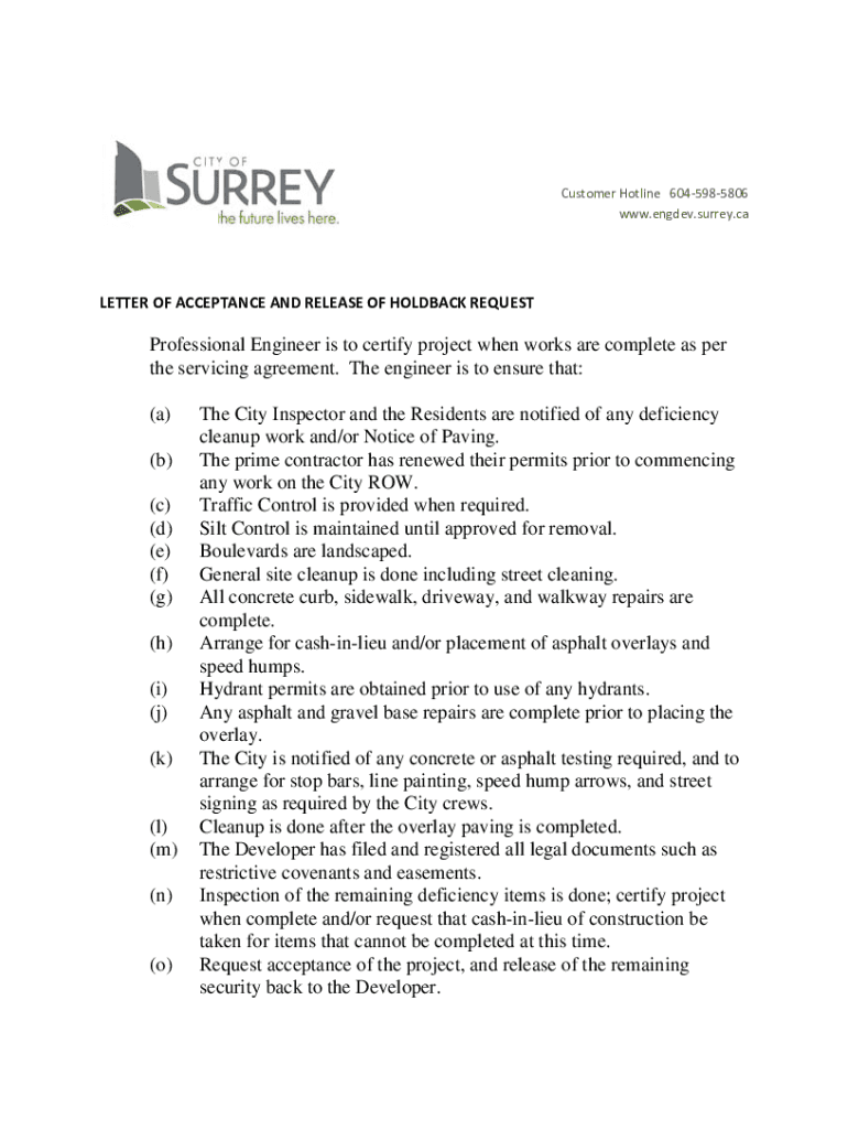 Fillable Online Letter of Acceptance and Release of Holdback Request