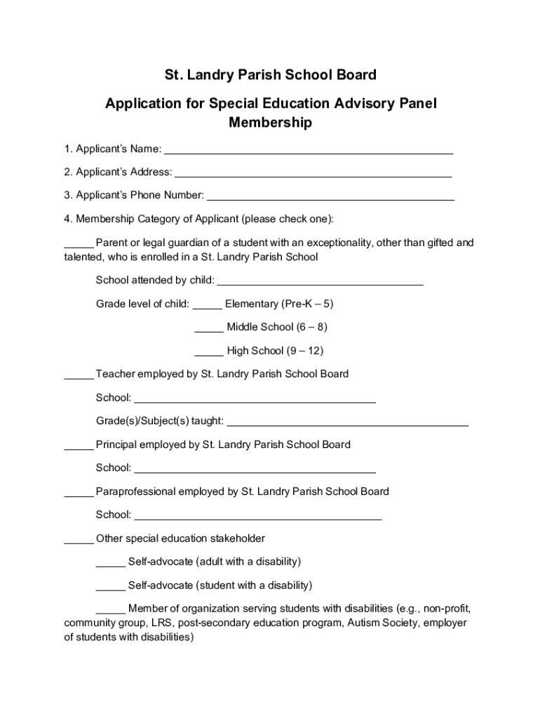 Fillable Online St. Landry Parish School Board Application for Special