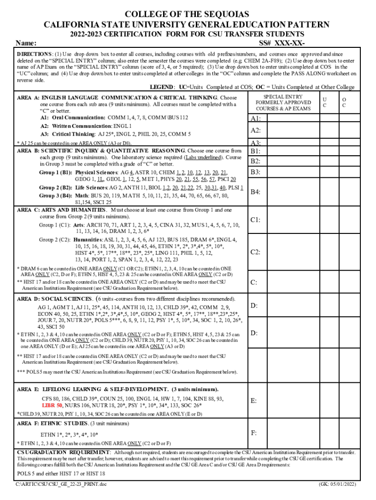 Fillable Online 20232024 Advising Form for CSU TRANSFER STUDENTS Fax