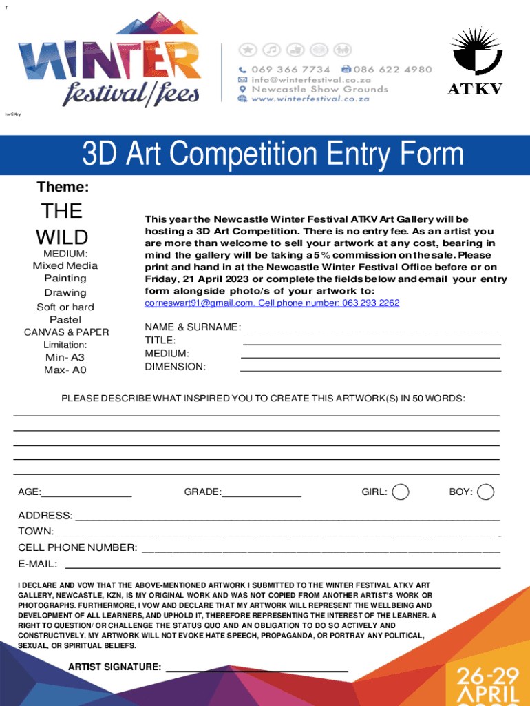 Fillable Online 3D Art Competition Entry Form Newcastle Fax Email