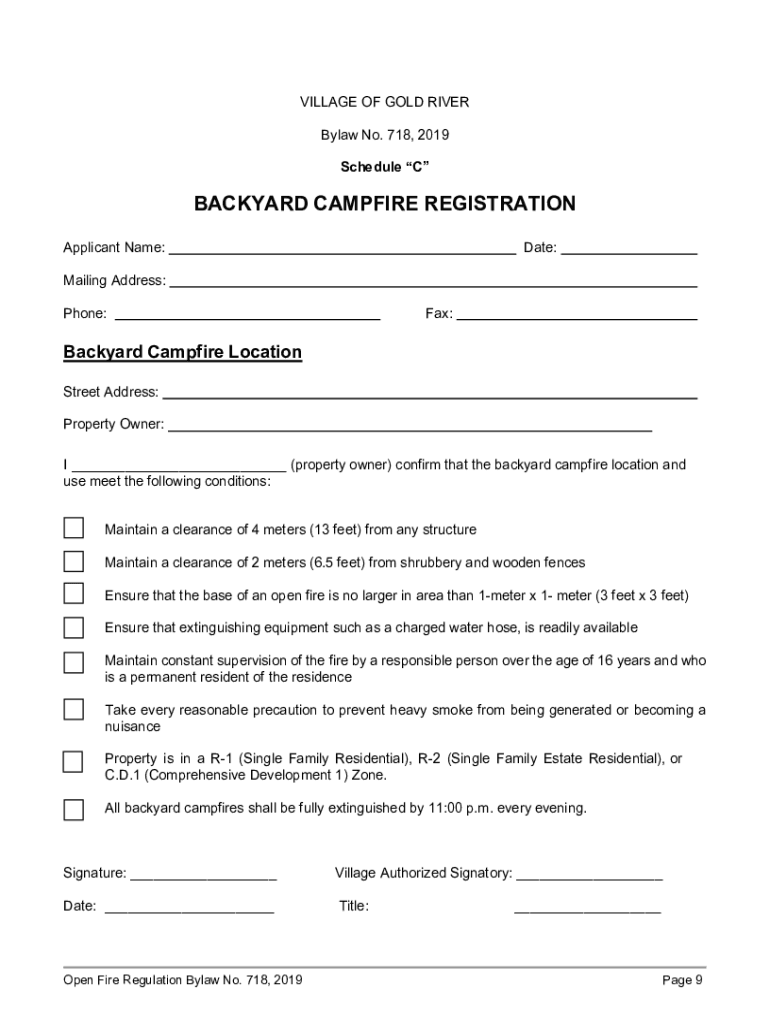 Fillable Online Backyard Campfire Registration Form Bylaw No 718, 2019