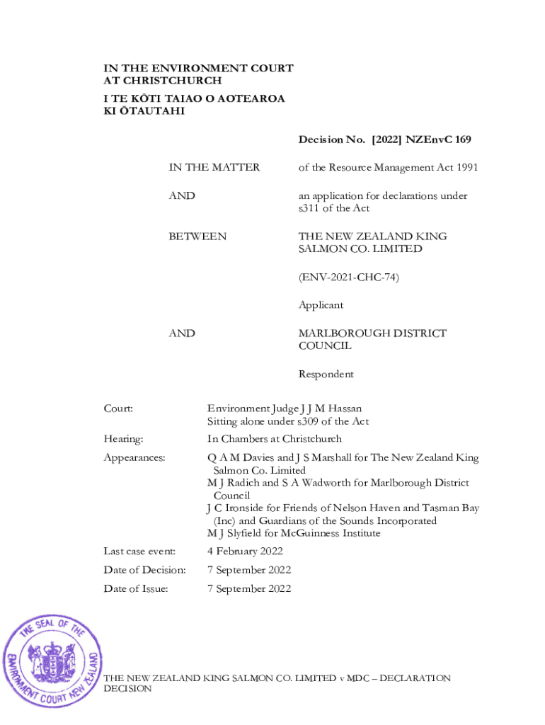 Fillable Online NZ King Salmon v MDC Declaration Decision Fax Email