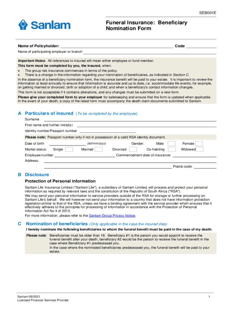 Fillable Online Funeral Insurance Beneficiary Nomination Form Fax