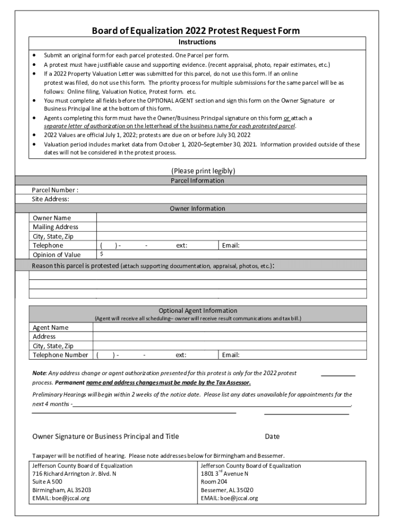 Fillable Online Board of Equalization 2022 Protest Request Form Fax