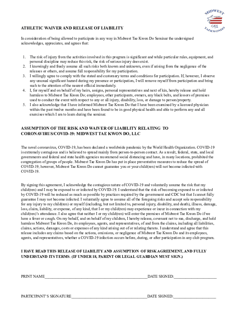 Fillable Online Midwest Academy of Martial Arts Warning, Waiver
