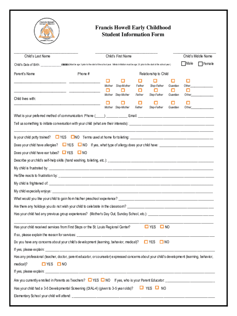 Fillable Online Francis Howell Early Childhood Student Information Form