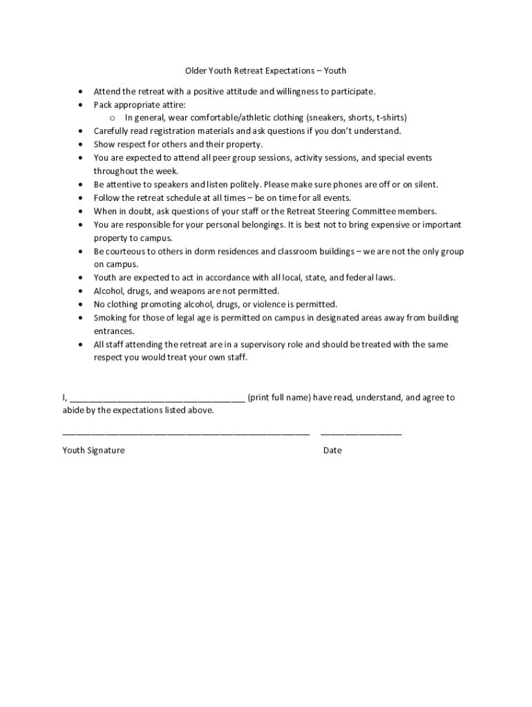 Fillable Online Purpose Provide an overview of the youth retreat