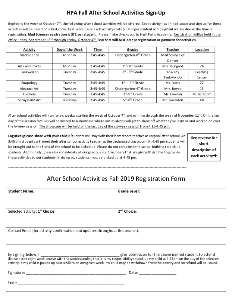 Fillable Online After School Activities Fall 2022 Registration Form Fax Email Print pdfFiller