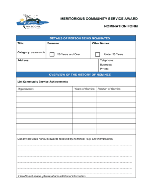 Fillable Online Nomination Form - Meritorious Community Service Award Fax Email Print - pdfFiller