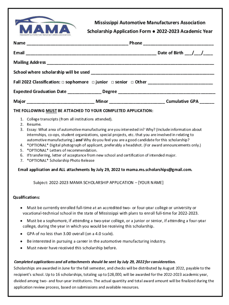 Fillable Online ScholarshipMississippi Auto Manufacturers Association