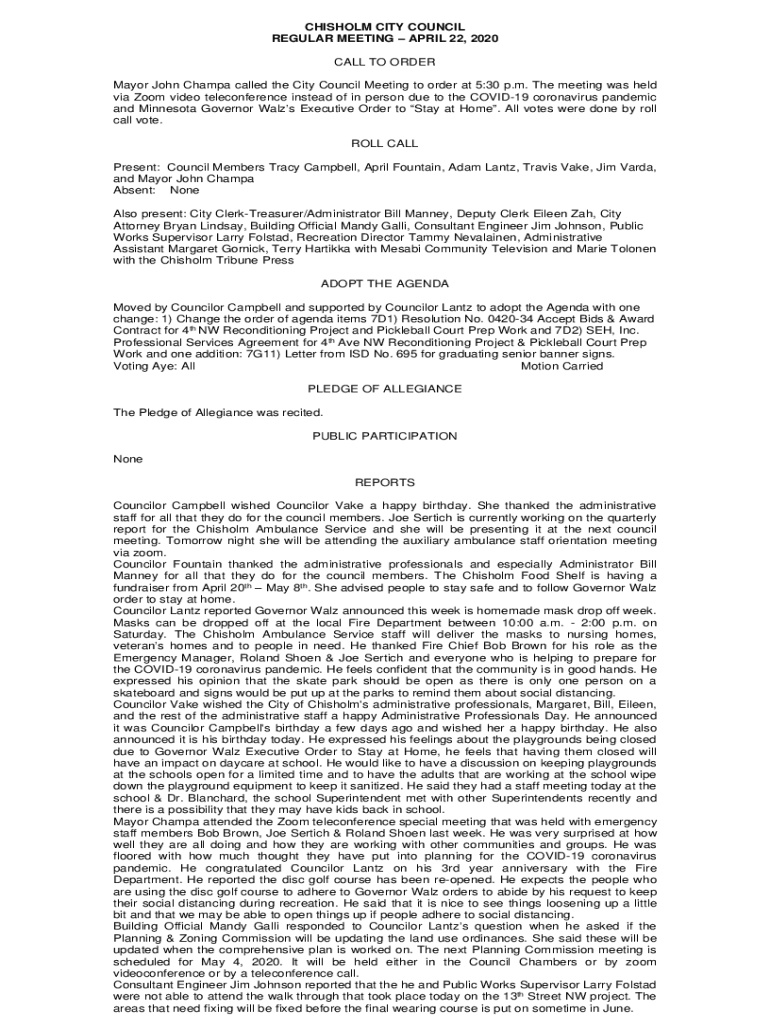 Fillable Online CHISHOLM CITY COUNCIL Chisholm, MN Fax Email Print
