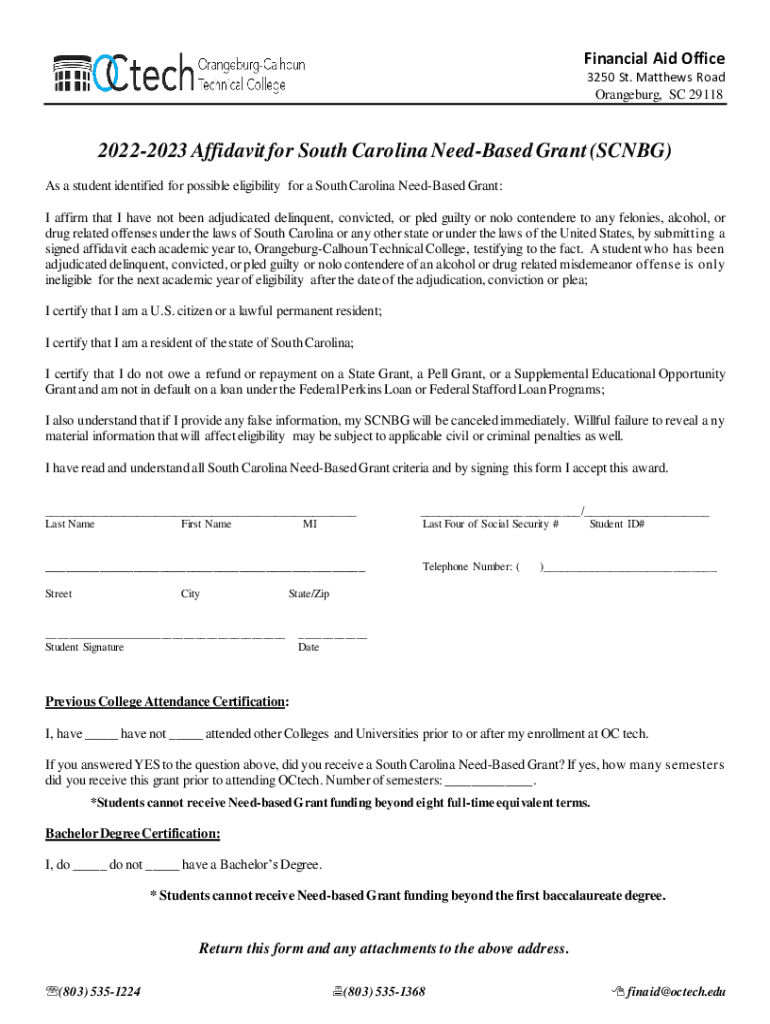 Fillable Online 20222023 Affidavit for South Carolina NeedBased Grant