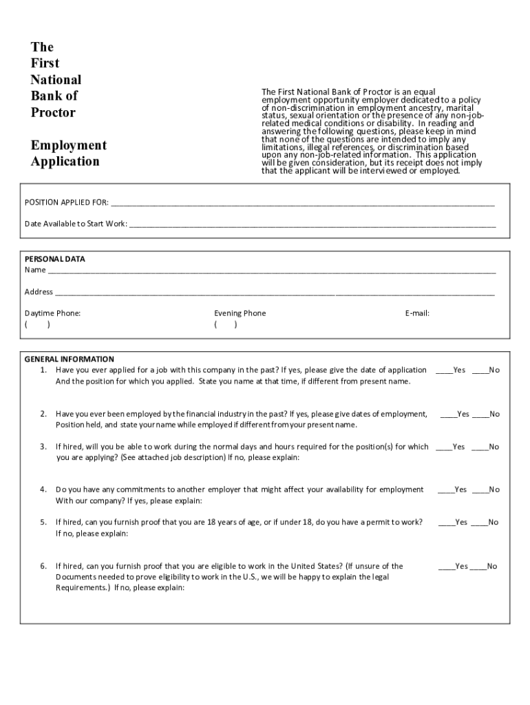 Fillable Online The First National Bank of Proctor Employment