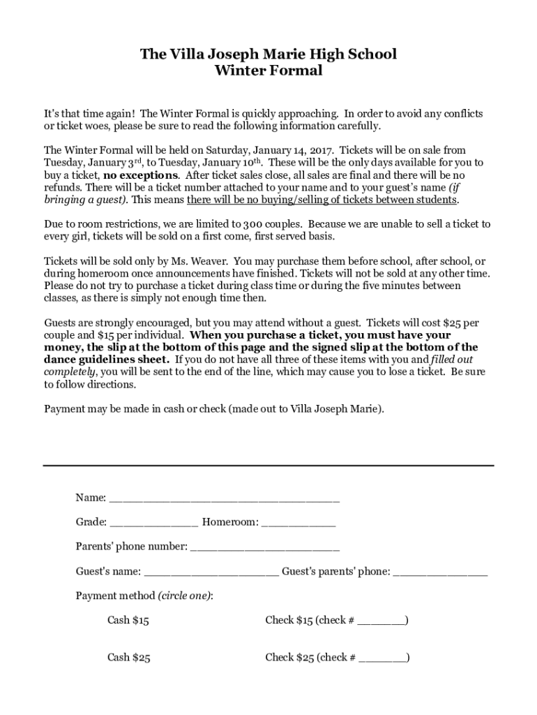 Fillable Online The Villa Joseph Marie High School Winter Formal It's