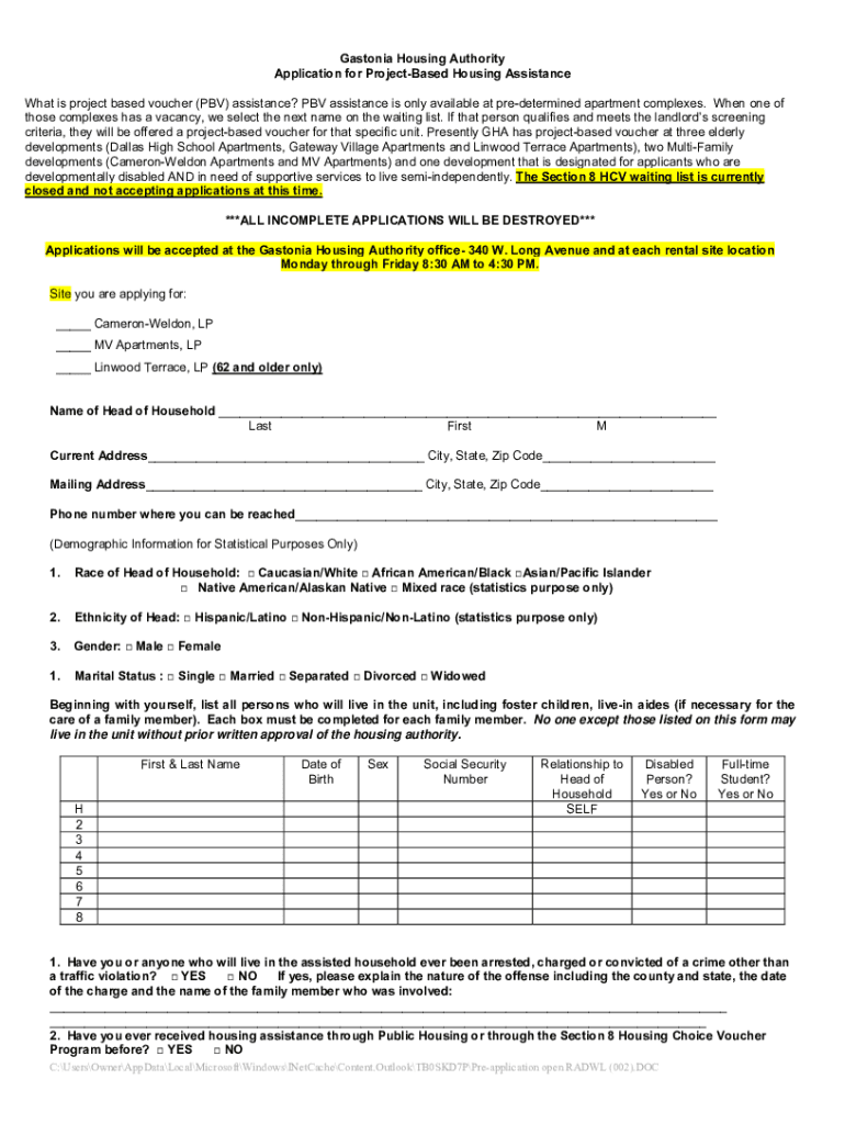 Fillable Online Gastonia Housing Authority Application for Project